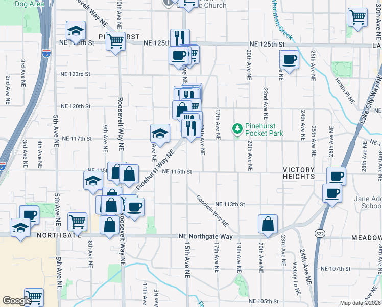 map of restaurants, bars, coffee shops, grocery stores, and more near 11545 16th Avenue Northeast in Seattle