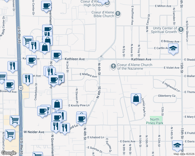 map of restaurants, bars, coffee shops, grocery stores, and more near 600 East Mallard Avenue in Coeur d'Alene