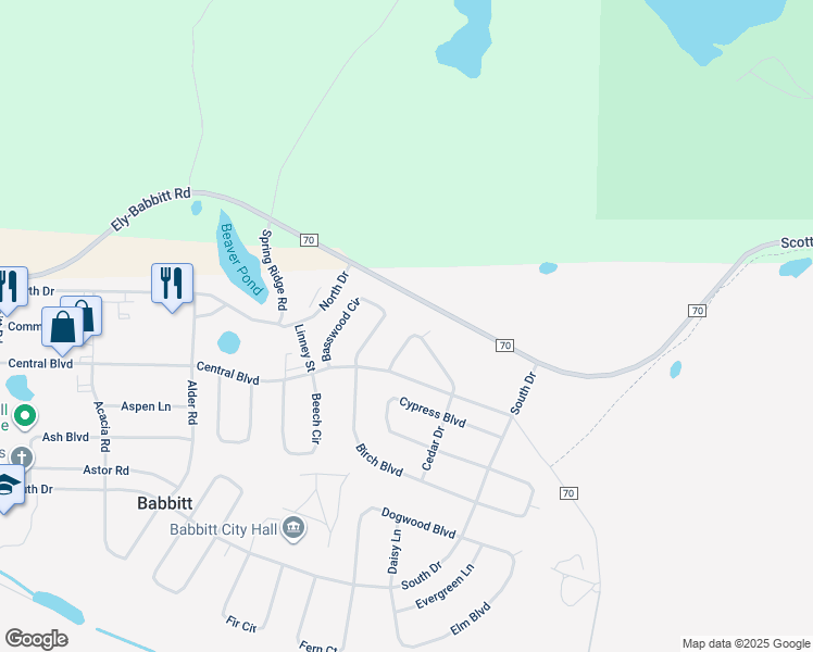 map of restaurants, bars, coffee shops, grocery stores, and more near 20 Cottonwood Court in Babbitt