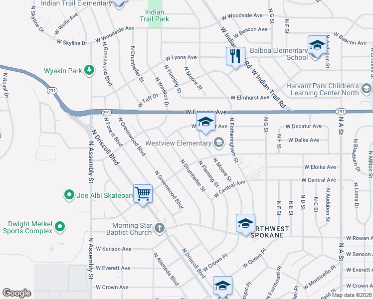 map of restaurants, bars, coffee shops, grocery stores, and more near 6027 North Fleming Street in Spokane