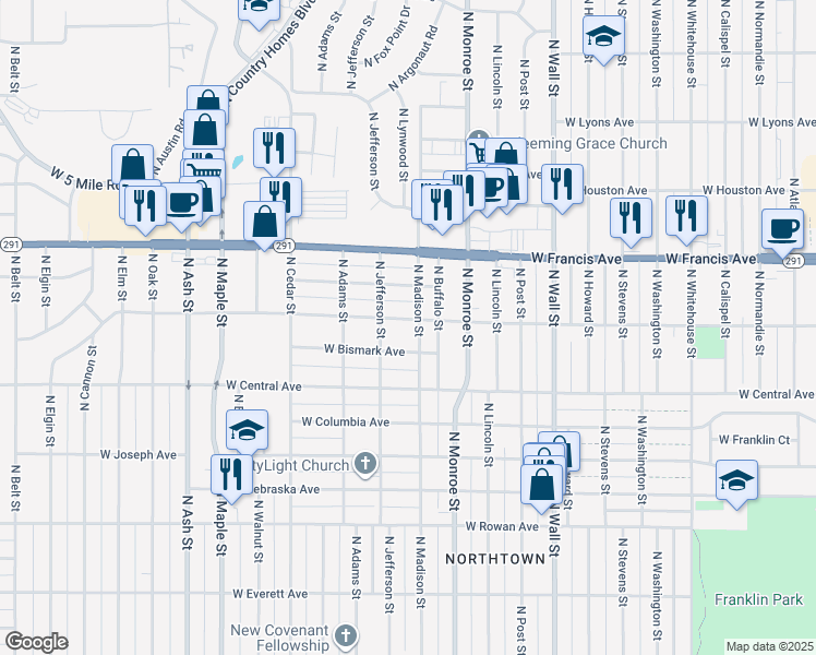 map of restaurants, bars, coffee shops, grocery stores, and more near 1109 West Dalke Avenue in Spokane
