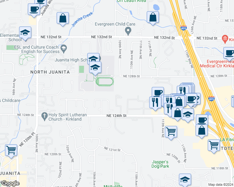 map of restaurants, bars, coffee shops, grocery stores, and more near 12601 109th Court Northeast in Kirkland
