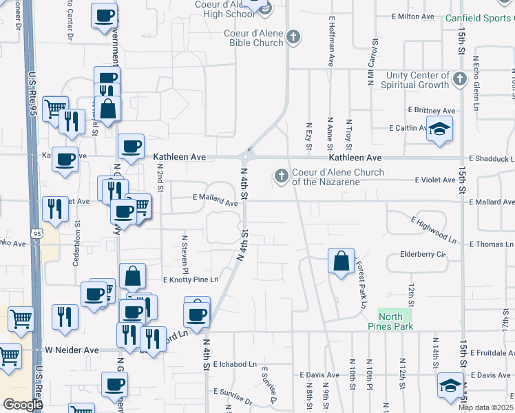 map of restaurants, bars, coffee shops, grocery stores, and more near 662 East Timber Lane in Coeur d'Alene