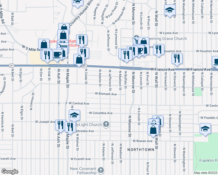 map of restaurants, bars, coffee shops, grocery stores, and more near 1203 West Dalke Avenue in Spokane