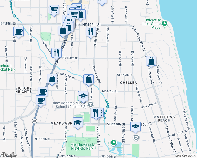 map of restaurants, bars, coffee shops, grocery stores, and more near 35th Avenue Northeast & 34th Avenue Northeast in Seattle