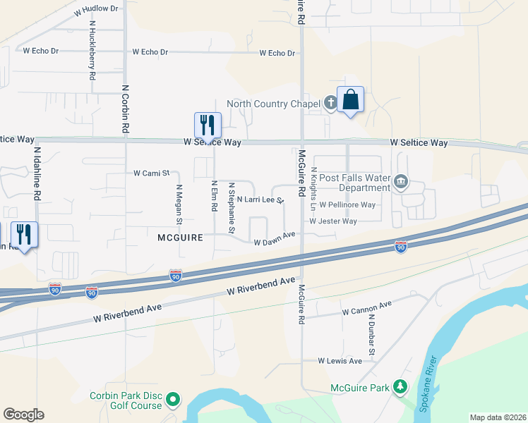 map of restaurants, bars, coffee shops, grocery stores, and more near 543 North Larri Lee Street in Post Falls