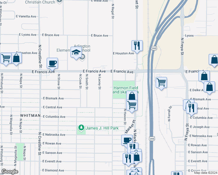 map of restaurants, bars, coffee shops, grocery stores, and more near 6105 North Regal Street in Spokane