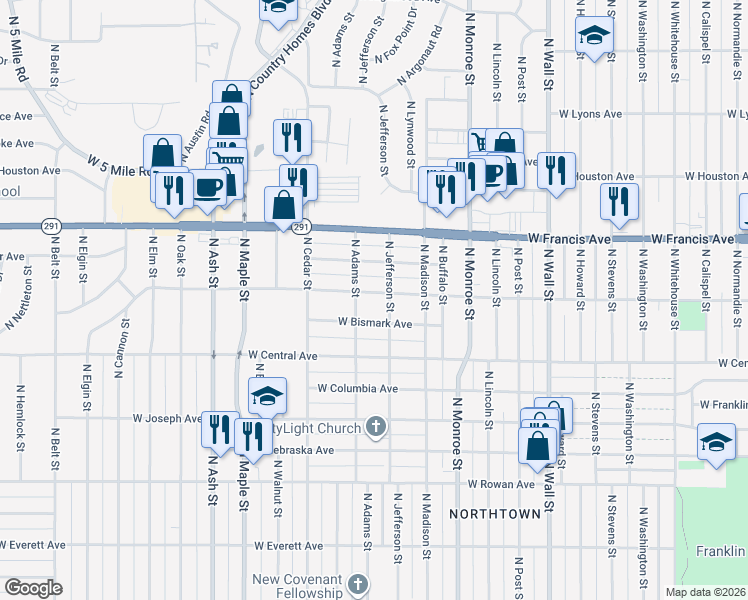 map of restaurants, bars, coffee shops, grocery stores, and more near 1203 West Dalke Avenue in Spokane