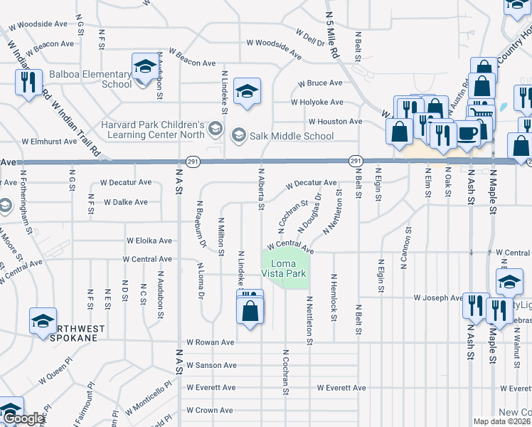 map of restaurants, bars, coffee shops, grocery stores, and more near 2533 West Decatur Avenue in Spokane
