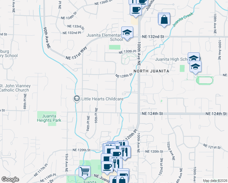 map of restaurants, bars, coffee shops, grocery stores, and more near 12587-12649 98th Avenue Northeast in Kirkland