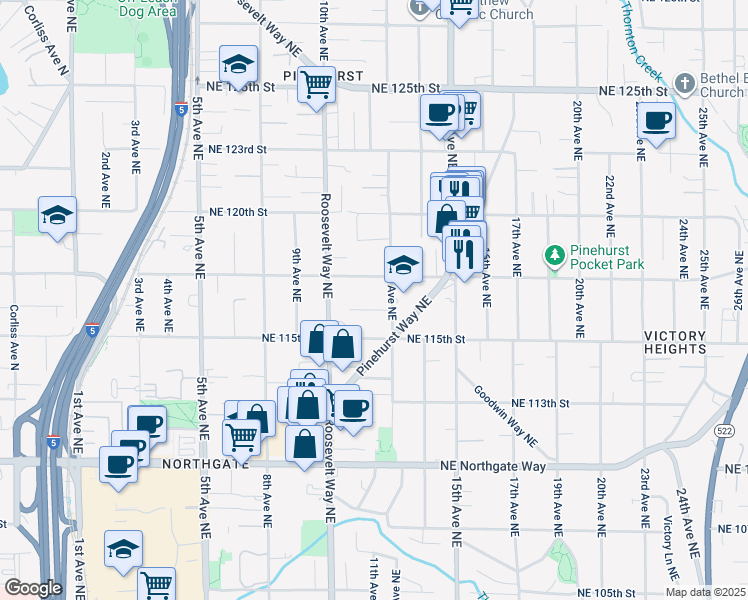 map of restaurants, bars, coffee shops, grocery stores, and more near 1043 Northeast 117th Street in Seattle