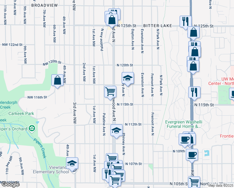 map of restaurants, bars, coffee shops, grocery stores, and more near 11540 Greenwood Avenue North in Seattle