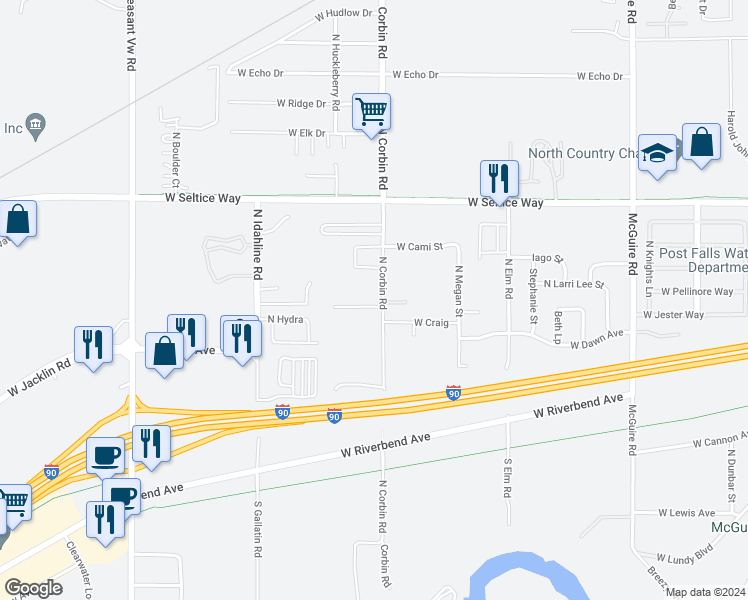 map of restaurants, bars, coffee shops, grocery stores, and more near 3200 Casey Court in Post Falls