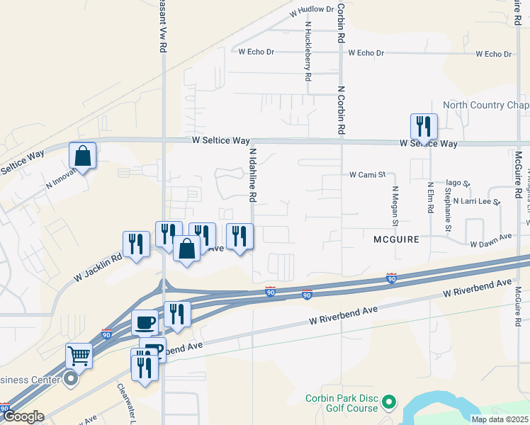 map of restaurants, bars, coffee shops, grocery stores, and more near 570 North Idahline Road in Post Falls