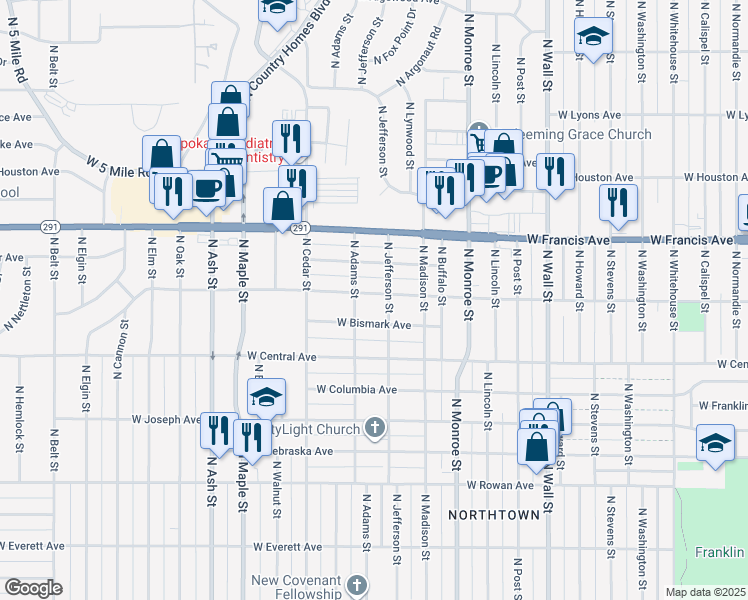 map of restaurants, bars, coffee shops, grocery stores, and more near 1203 West Dalke Avenue in Spokane