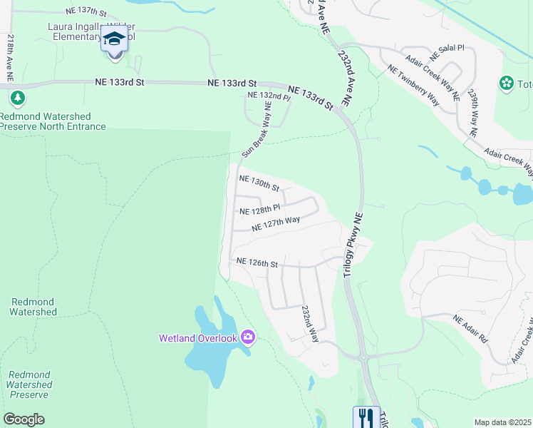 map of restaurants, bars, coffee shops, grocery stores, and more near 23013 Northeast 128th Place in Redmond