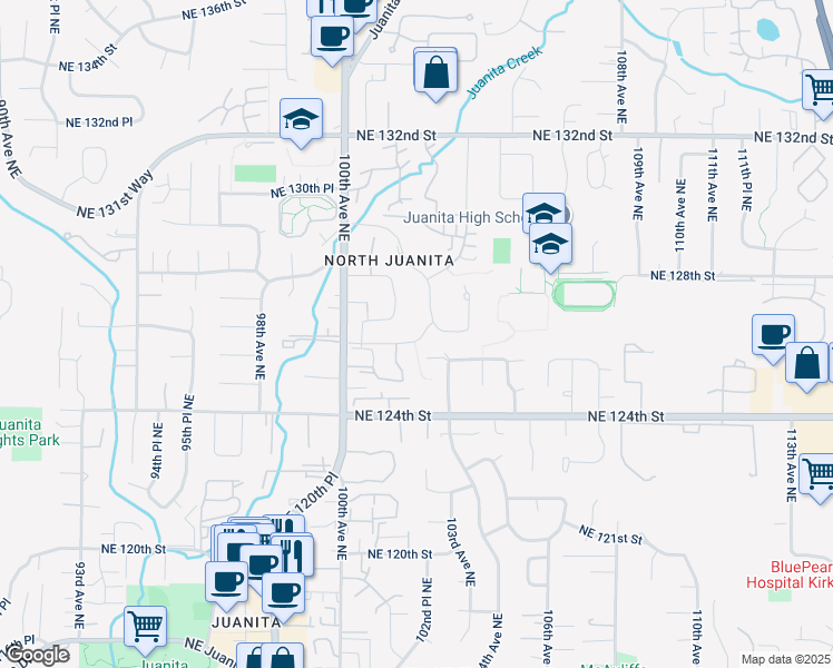 map of restaurants, bars, coffee shops, grocery stores, and more near 10122 Northeast 126th Street in Kirkland