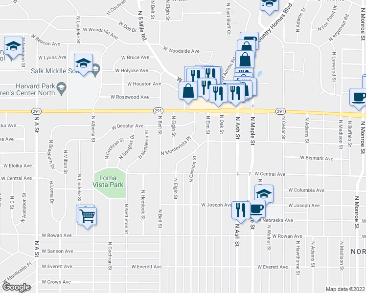 map of restaurants, bars, coffee shops, grocery stores, and more near 6004 North Montevista Place in Spokane