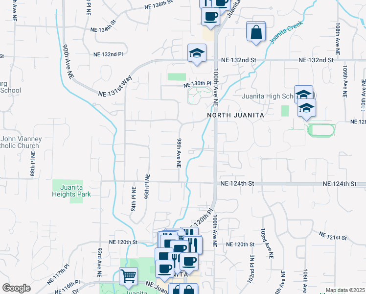 map of restaurants, bars, coffee shops, grocery stores, and more near 12518 98th Avenue Northeast in Kirkland