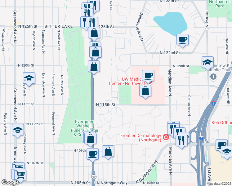 map of restaurants, bars, coffee shops, grocery stores, and more near 11542 Stone Avenue North in Seattle