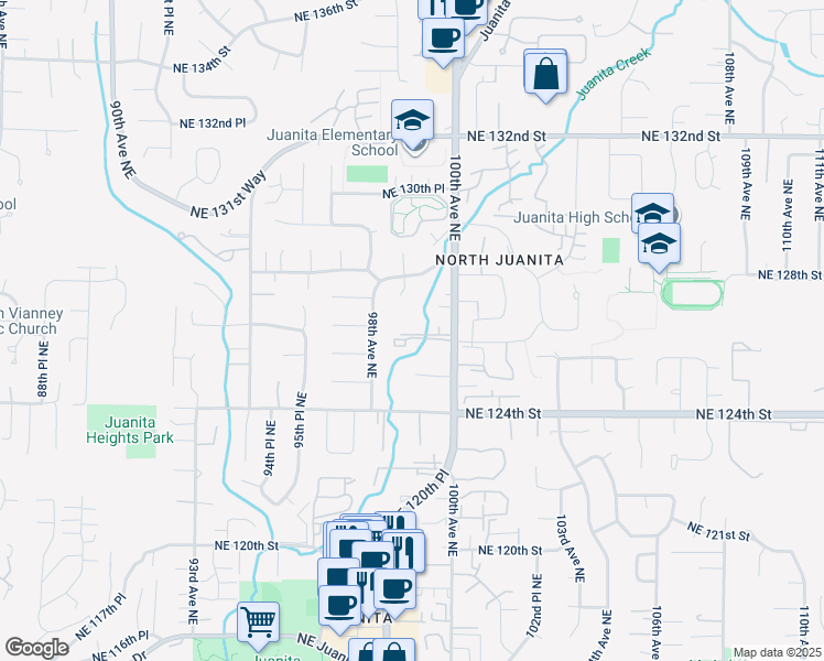 map of restaurants, bars, coffee shops, grocery stores, and more near 9912 Northeast 126th Street in Kirkland