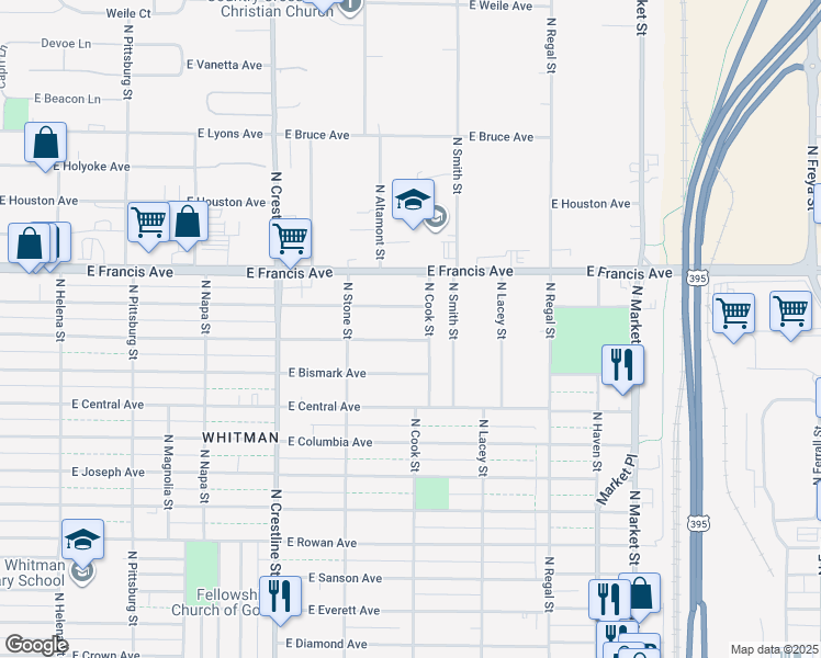 map of restaurants, bars, coffee shops, grocery stores, and more near 2427 East Dalke Avenue in Spokane