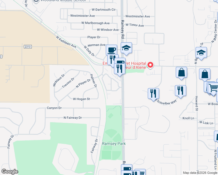 map of restaurants, bars, coffee shops, grocery stores, and more near 3825 North Ramsey Road in Coeur d'Alene