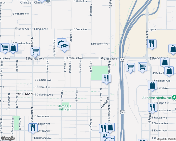 map of restaurants, bars, coffee shops, grocery stores, and more near 6105 North Regal Street in Spokane