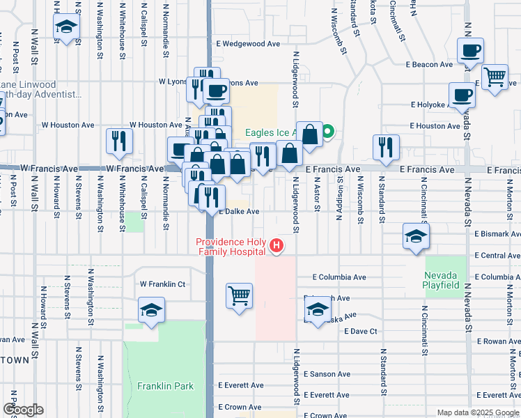 map of restaurants, bars, coffee shops, grocery stores, and more near 6104 North Mayfair Street in Spokane