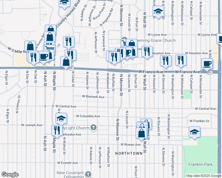 map of restaurants, bars, coffee shops, grocery stores, and more near 1109 West Dalke Avenue in Spokane