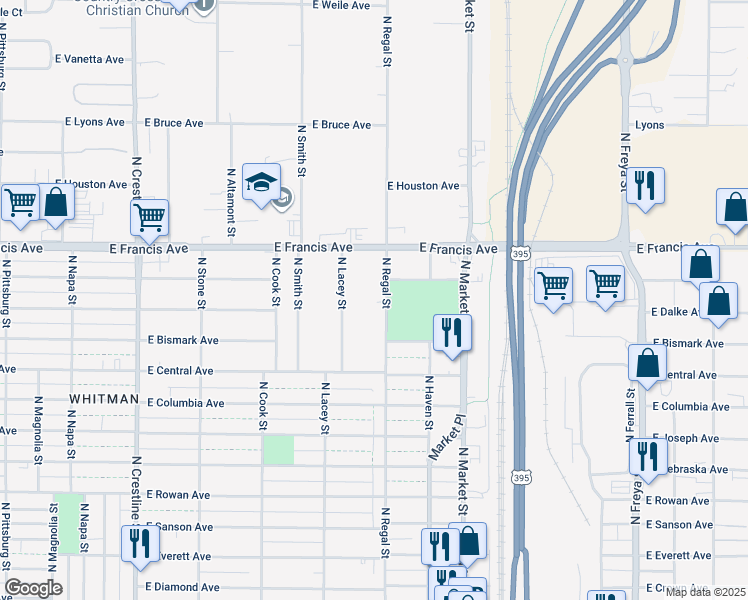 map of restaurants, bars, coffee shops, grocery stores, and more near 6105 N Regal St in Spokane