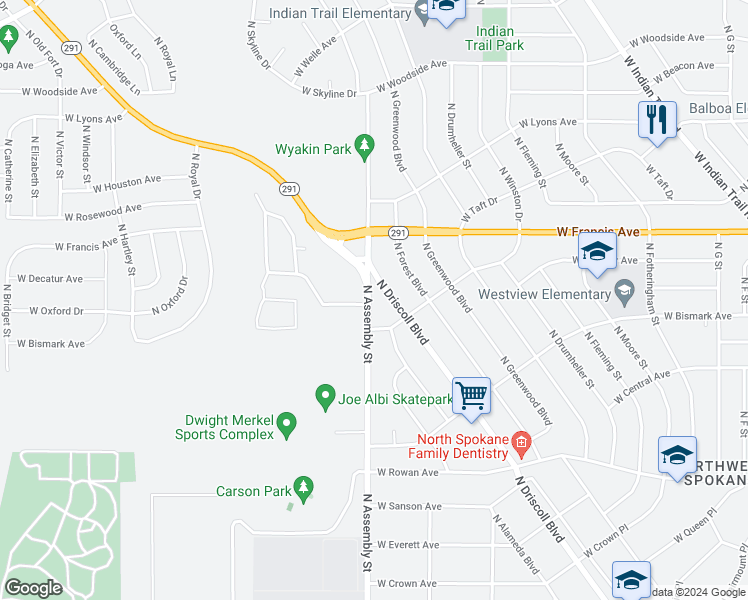map of restaurants, bars, coffee shops, grocery stores, and more near 6022 North Assembly Street in Spokane