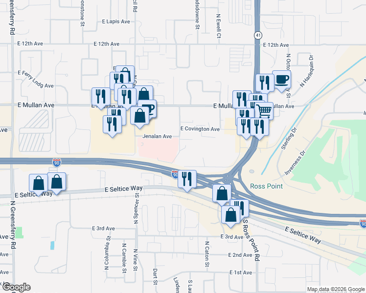 map of restaurants, bars, coffee shops, grocery stores, and more near 640 North Thornton Street in Post Falls