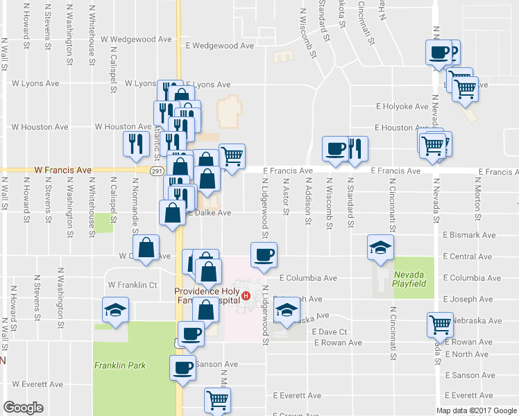 map of restaurants, bars, coffee shops, grocery stores, and more near 221 East Dalke Avenue in Spokane