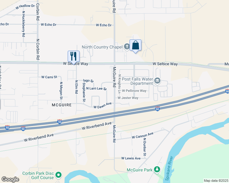 map of restaurants, bars, coffee shops, grocery stores, and more near 623 North McGuire Road in Post Falls