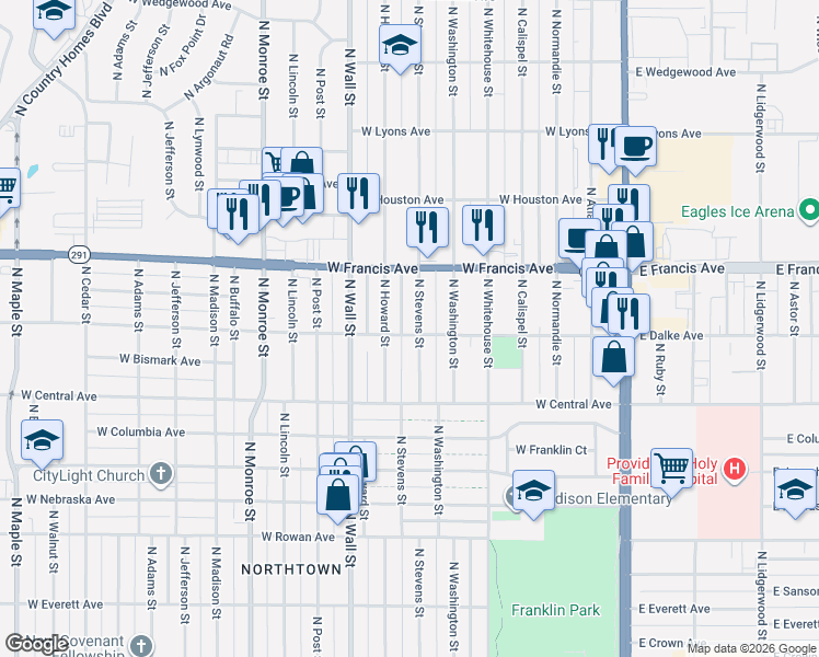 map of restaurants, bars, coffee shops, grocery stores, and more near 6106 North Howard Street in Spokane