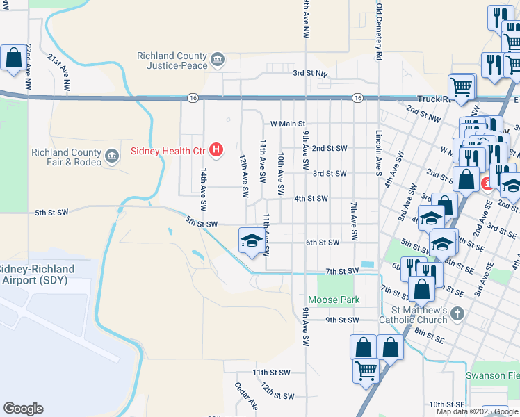 map of restaurants, bars, coffee shops, grocery stores, and more near 405 11th Avenue Southwest in Sidney