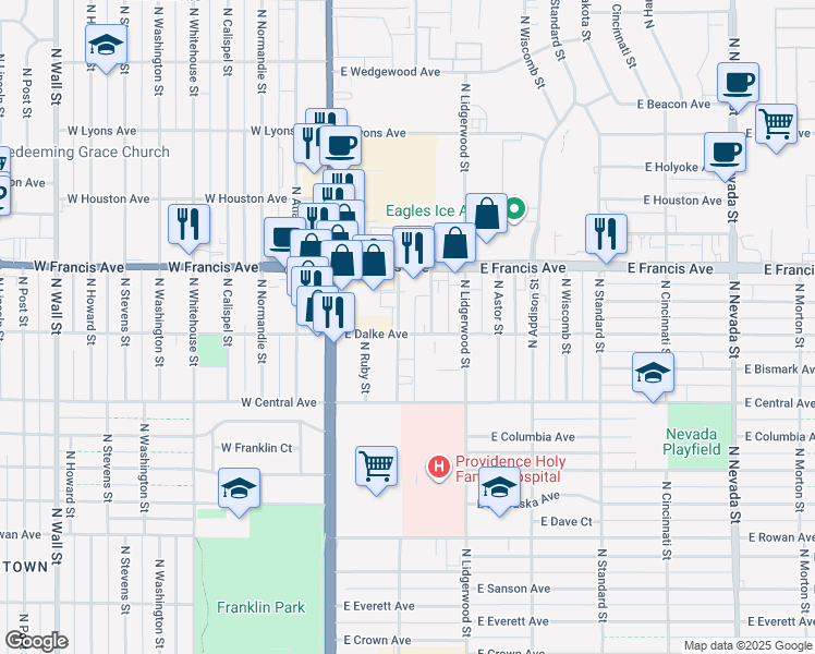 map of restaurants, bars, coffee shops, grocery stores, and more near 6104 North Mayfair Street in Spokane
