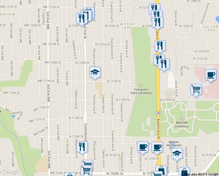 map of restaurants, bars, coffee shops, grocery stores, and more near 11539 Evanston Avenue North in Seattle