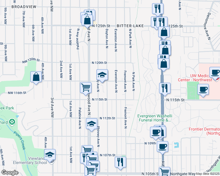 map of restaurants, bars, coffee shops, grocery stores, and more near 11539 Evanston Avenue North in Seattle