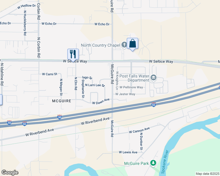 map of restaurants, bars, coffee shops, grocery stores, and more near 623 North McGuire Road in Post Falls