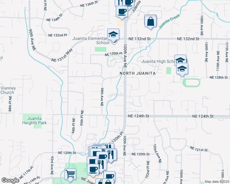 map of restaurants, bars, coffee shops, grocery stores, and more near 9912 Northeast 126th Street in Kirkland