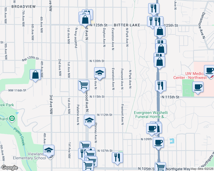 map of restaurants, bars, coffee shops, grocery stores, and more near 11539 Evanston Avenue North in Seattle