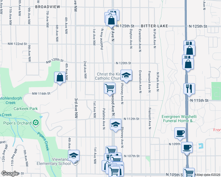 map of restaurants, bars, coffee shops, grocery stores, and more near 11540 Palatine Avenue North in Seattle