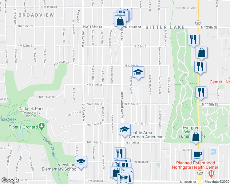 map of restaurants, bars, coffee shops, grocery stores, and more near 11540 Palatine Avenue North in Seattle