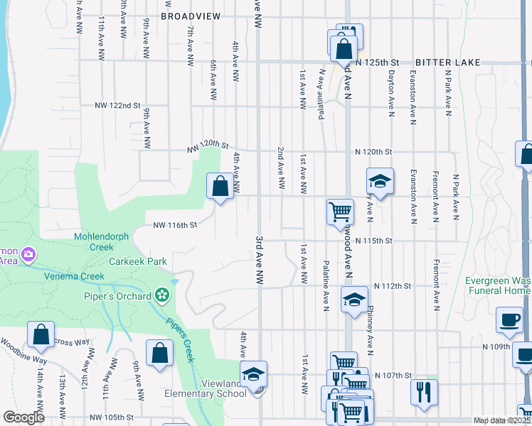 map of restaurants, bars, coffee shops, grocery stores, and more near 11541 3rd Avenue Northwest in Seattle