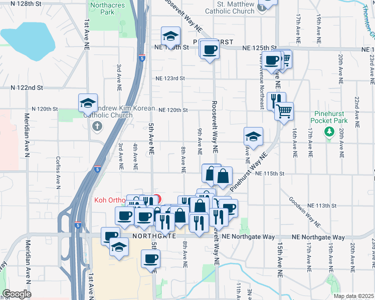 map of restaurants, bars, coffee shops, grocery stores, and more near 11544 8th Avenue Northeast in Seattle