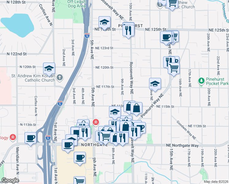 map of restaurants, bars, coffee shops, grocery stores, and more near 11544 8th Avenue Northeast in Seattle