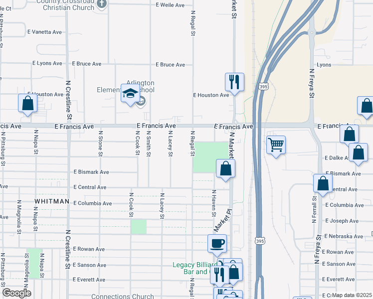 map of restaurants, bars, coffee shops, grocery stores, and more near 6111 N Regal St in Spokane