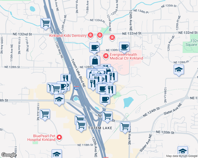 map of restaurants, bars, coffee shops, grocery stores, and more near 12611 120th Avenue Northeast in Kirkland